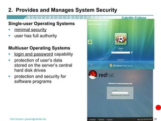 2.  Provides and Manages System Security Single-user Operating Systems minimal security user has full authority Multiuser Operating Systems login and password  capability protection of user’s data stored on the server’s central hard disk drives protection and security for software programs 