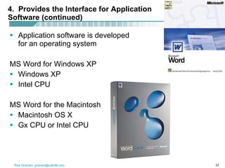 4.  Provides the Interface for Application Software (continued) Application software is developed for an operating system MS Word for Windows XP Windows XP Intel CPU MS Word for the Macintosh Macintosh OS X Gx CPU or Intel CPU 