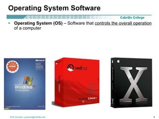 Operating System Software Operating System   (OS)  – Software that  controls the overall operation  of a computer 