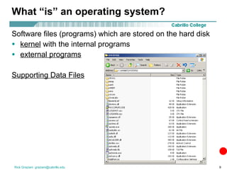 What “is” an operating system? Software files (programs) which are stored on the hard disk kernel  with the internal programs external programs Supporting Data Files 