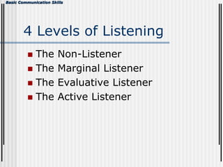 Basic Communication Skills
4 Levels of Listening
 The Non-Listener
 The Marginal Listener
 The Evaluative Listener
 The Active Listener
 