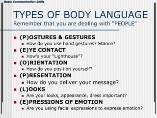 Basic Communication Skills
TYPES OF BODY LANGUAGE
Remember that you are dealing with “PEOPLE”
 (P)OSTURES & GESTURES
 How do you use hand gestures? Stance?
 (E)YE CONTACT
 How’s your “Lighthouse”?
 (O)RIENTATION
 How do you position yourself?
 (P)RESENTATION
 How do you deliver your message?
 (L)OOKS
 Are your looks, appearance, dress important?
 (E)PRESSIONS OF EMOTION
 Are you using facial expressions to express emotion?
 