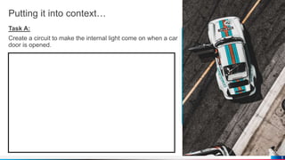 Putting it into context…
Task A:
Create a circuit to make the internal light come on when a car
door is opened.
5
 