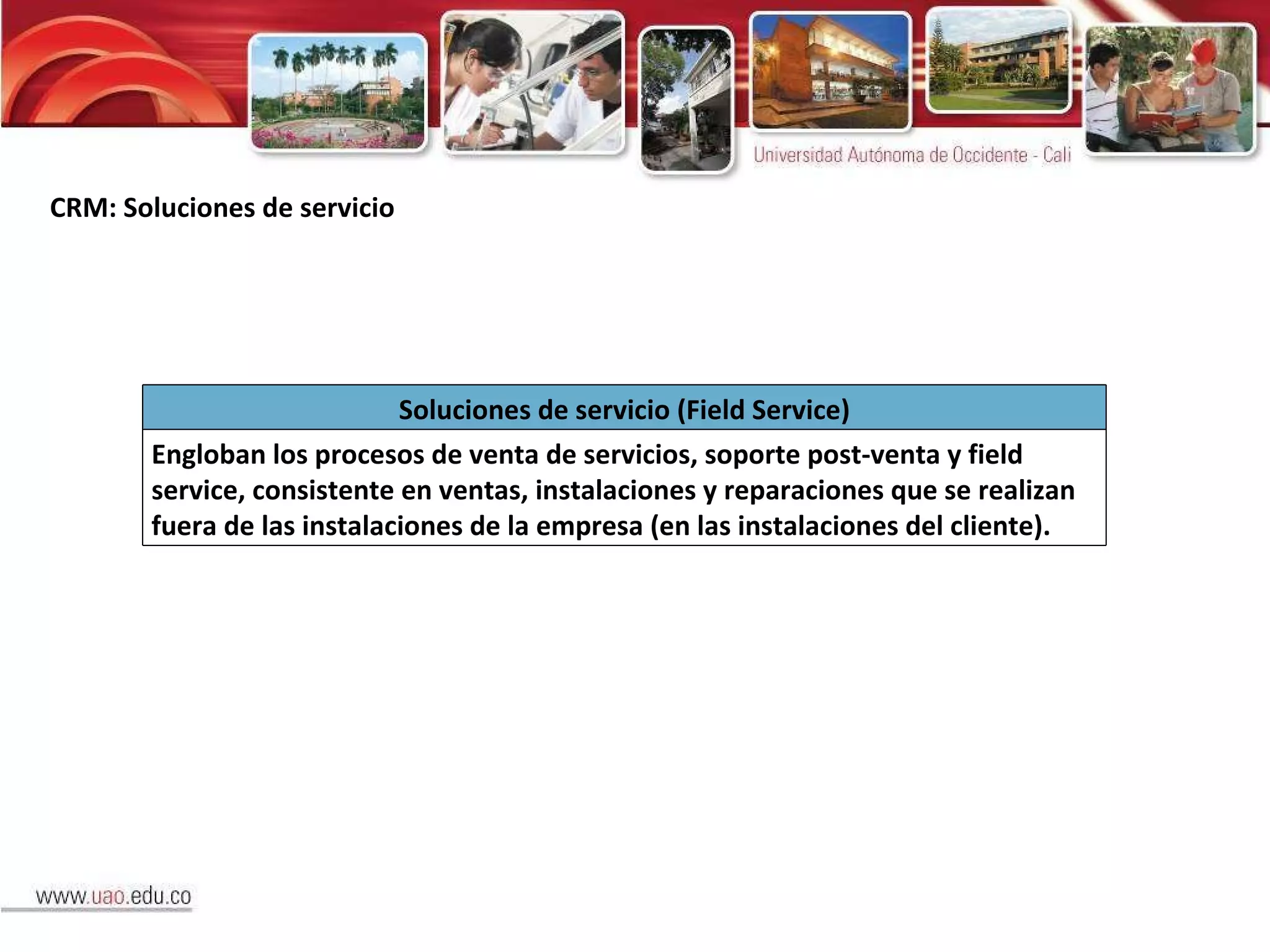 CRM: Soluciones de servicio Soluciones de servicio (Field Service) Engloban los procesos de venta de servicios, soporte post-venta y field service, consistente en ventas, instalaciones y reparaciones que se realizan fuera de las instalaciones de la empresa (en las instalaciones del cliente). 