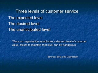 Three lleevveellss ooff ccuussttoommeerr sseerrvviiccee 
TThhee eexxppeecctteedd lleevveell 
TThhee ddeessiirreedd lleevveell 
TThhee uunnaannttiicciippaatteedd lleevveell 
““OOnnccee aann oorrggaanniissaattiioonn eessttaabblliisshheess aa ddeessiirreedd lleevveell ooff ccuussttoommeerr 
vvaalluuee,, ffaaiilluurree ttoo mmaaiinnttaaiinn tthhaatt lleevveell ccaann bbee ddaannggeerroouuss””.. 
SSoouurrccee:: BBuuttzz aanndd GGooooddsstteeiinn 
 