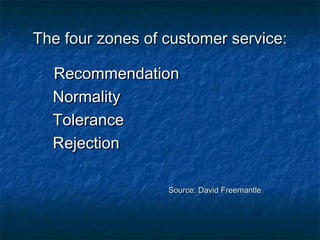 TThhee ffoouurr zzoonneess ooff ccuussttoommeerr sseerrvviiccee:: 
RReeccoommmmeennddaattiioonn 
NNoorrmmaalliittyy 
TToolleerraannccee 
RReejjeeccttiioonn 
SSoouurrccee:: DDaavviidd FFrreeeemmaannttllee 
 