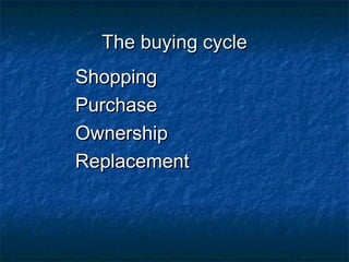 TThhee bbuuyyiinngg ccyyccllee 
SShhooppppiinngg 
PPuurrcchhaassee 
OOwwnneerrsshhiipp 
RReeppllaacceemmeenntt 
 