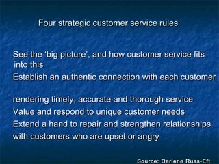 Four strategic ccuussttoommeerr sseerrvviiccee rruulleess 
SSeeee tthhee ‘‘bbiigg ppiiccttuurree’’,, aanndd hhooww ccuussttoommeerr sseerrvviiccee ffiittss 
iinnttoo tthhiiss 
EEssttaabblliisshh aann aauutthheennttiicc ccoonnnneeccttiioonn wwiitthh eeaacchh ccuussttoommeerr 
rreennddeerriinngg ttiimmeellyy,, aaccccuurraattee aanndd tthhoorroouugghh sseerrvviiccee 
VVaalluuee aanndd rreessppoonndd ttoo uunniiqquuee ccuussttoommeerr nneeeeddss 
EExxtteenndd aa hhaanndd ttoo rreeppaaiirr aanndd ssttrreennggtthheenn rreellaattiioonnsshhiippss 
wwiitthh ccuussttoommeerrss wwhhoo aarree uuppsseett oorr aannggrryy 
SSoouurrccee:: DDaarrlleennee RRuussss--EEfftt 
 