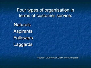 FFoouurr ttyyppeess ooff oorrggaanniissaattiioonn iinn 
tteerrmmss ooff ccuussttoommeerr sseerrvviiccee:: 
NNaattuurraallss 
AAssppiirraannttss 
FFoolllloowweerrss 
LLaaggggaarrddss 
SSoouurrccee:: CClluutttteerrbbuucckk CCllaarrkk aanndd AArrmmiisstteeaadd 
 