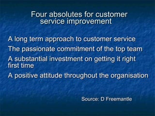 FFoouurr aabbssoolluutteess ffoorr ccuussttoommeerr 
sseerrvviiccee iimmpprroovveemmeenntt 
AA lloonngg tteerrmm aapppprrooaacchh ttoo ccuussttoommeerr sseerrvviiccee 
TThhee ppaassssiioonnaattee ccoommmmiittmmeenntt ooff tthhee ttoopp tteeaamm 
AA ssuubbssttaannttiiaall iinnvveessttmmeenntt oonn ggeettttiinngg iitt rriigghhtt 
ffiirrsstt ttiimmee 
AA ppoossiittiivvee aattttiittuuddee tthhrroouugghhoouutt tthhee oorrggaanniissaattiioonn 
SSoouurrccee:: DD FFrreeeemmaannttllee 
 