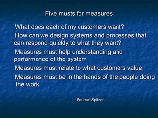 FFiivvee mmuussttss ffoorr mmeeaassuurreess 
WWhhaatt ddooeess eeaacchh ooff mmyy ccuussttoommeerrss wwaanntt?? 
HHooww ccaann wwee ddeessiiggnn ssyysstteemmss aanndd pprroocceesssseess tthhaatt 
ccaann rreessppoonndd qquuiicckkllyy ttoo wwhhaatt tthheeyy wwaanntt?? 
MMeeaassuurreess mmuusstt hheellpp uunnddeerrssttaannddiinngg aanndd 
ppeerrffoorrmmaannccee ooff tthhee ssyysstteemm 
MMeeaassuurreess mmuusstt rreellaattee ttoo wwhhaatt ccuussttoommeerrss vvaalluuee 
MMeeaassuurreess mmuusstt bbee iinn tthhee hhaannddss ooff tthhee ppeeooppllee ddooiinngg 
tthhee wwoorrkk 
SSoouurrccee:: SSppiittzzeerr 
 