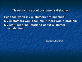 Three mmyytthhss aabboouutt ccuussttoommeerr ssaattiissffaaccttiioonn 
II ccaann tteellll wwhheenn mmyy ccuussttoommeerrss aarree ssaattiissffiieedd 
MMyy ccuussttoommeerrss wwoouulldd tteellll mmee iiff tthheerree wwaass aa pprroobblleemm 
MMyy ssttaaffff kkeeeepp mmee iinnffoorrmmeedd aabboouutt ccuussttoommeerr 
ssaattiissffaaccttiioonn 
SSoouurrccee:: AArrtthhuurr BBeellll 
 