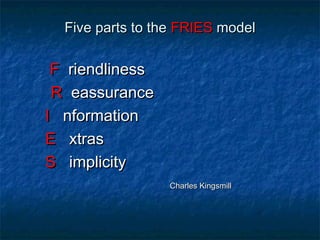 FFiivvee ppaarrttss ttoo tthhee FFRRIIEESS mmooddeell 
FF rriieennddlliinneessss 
RR eeaassssuurraannccee 
II nnffoorrmmaattiioonn 
EE xxttrraass 
SS iimmpplliicciittyy 
CChhaarrlleess KKiinnggssmmiillll 
 