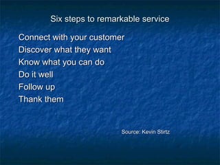 SSiixx sstteeppss ttoo rreemmaarrkkaabbllee sseerrvviiccee 
CCoonnnneecctt wwiitthh yyoouurr ccuussttoommeerr 
DDiissccoovveerr wwhhaatt tthheeyy wwaanntt 
KKnnooww wwhhaatt yyoouu ccaann ddoo 
DDoo iitt wweellll 
FFoollllooww uupp 
TThhaannkk tthheemm 
SSoouurrccee:: KKeevviinn SSttiirrttzz 
 