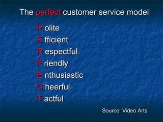 TThhee ppeerrffeecctt ccuussttoommeerr sseerrvviiccee mmooddeell 
PP oolliittee 
EE ffffiicciieenntt 
RR eessppeeccttffuull 
FF rriieennddllyy 
EE nntthhuussiiaassttiicc 
CC hheeeerrffuull 
TT aaccttffuull 
SSoouurrccee:: VViiddeeoo AArrttss 
 