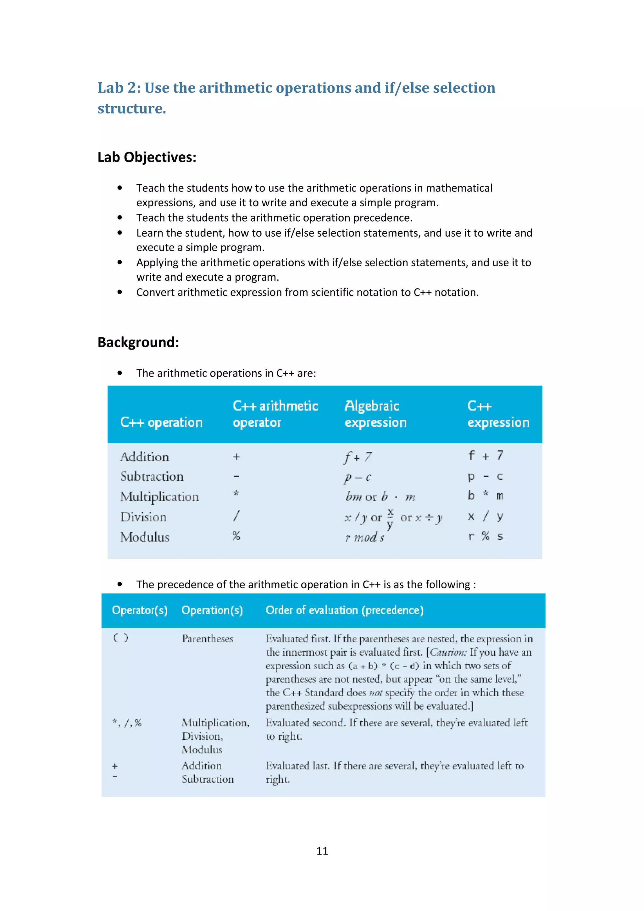 11
Lab 2: Use the arithmetic operations and if/else selection
structure.
Lab Objectives:
• Teach the students how to use the arithmetic operations in mathematical
expressions, and use it to write and execute a simple program.
• Teach the students the arithmetic operation precedence.
• Learn the student, how to use if/else selection statements, and use it to write and
execute a simple program.
• Applying the arithmetic operations with if/else selection statements, and use it to
write and execute a program.
• Convert arithmetic expression from scientific notation to C++ notation.
Background:
• The arithmetic operations in C++ are:
• The precedence of the arithmetic operation in C++ is as the following :
 