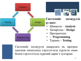 Analysis
Design
Programming
Testing
Системийг хөгжүүлэх
үе шат:
• Шинжлэх – Analysis
• Загварчлах – Design
• Програмчлах
• – Programming
• Турших – Testing
Системийг хөгжүүлэх шаардлага нь програм
хангамж зохиогдоод хэрэглэгчдэд хүрэхээс өмнө
болон хэрэглэгчдэд хүрсний дараа ч тулгардаг.
46
 
