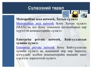 Metropolitan area network, Хотын сүлжээ
Metropolitan area network буюу Хотын сүлжээ
(MAN) нь хот буюу томоохон цогцолборын цар
хүрээтэй компьютерийн сүлжээ.
Enterprise private network, Байгууллагын
хувийн сүлжээ
Enterprise private network буюу Байгууллагын
хувийн сүлжээ нь компаний өөр өөр барилга,
цэгүүдийг холбон компьютерийн нөөцийг хамт
хэрэглэх зорилготой сүлжээ.
Сүлжээний төрөл
52
 