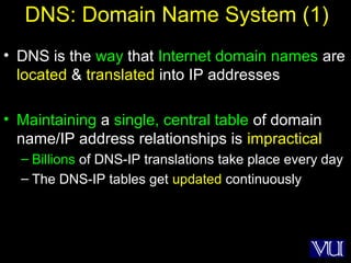 20
DNS: Domain Name System (1)
• DNS is the way that Internet domain names are
located & translated into IP addresses
• Maintaining a single, central table of domain
name/IP address relationships is impractical
– Billions of DNS-IP translations take place every day
– The DNS-IP tables get updated continuously
 