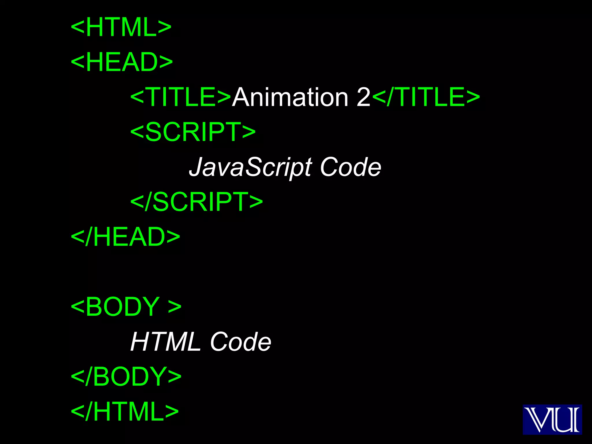 44
<HTML>
<HEAD>
<TITLE>Animation 2</TITLE>
<SCRIPT>
JavaScript Code
</SCRIPT>
</HEAD>
<BODY >
HTML Code
</BODY>
</HTML>
 