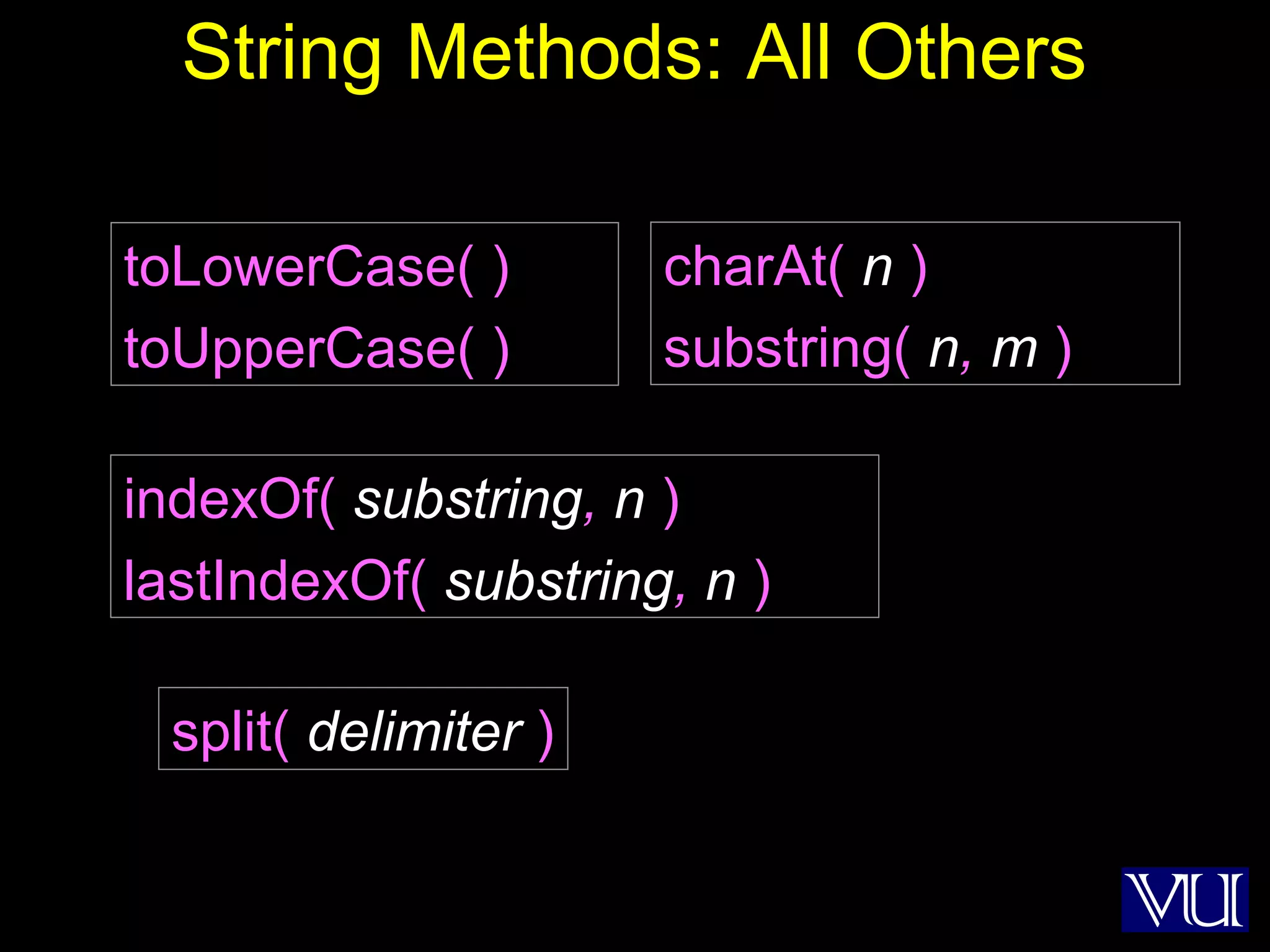 7
String Methods: All Others
split( delimiter )
toLowerCase( )
toUpperCase( )
charAt( n )
substring( n, m )
indexOf( substring, n )
lastIndexOf( substring, n )
 