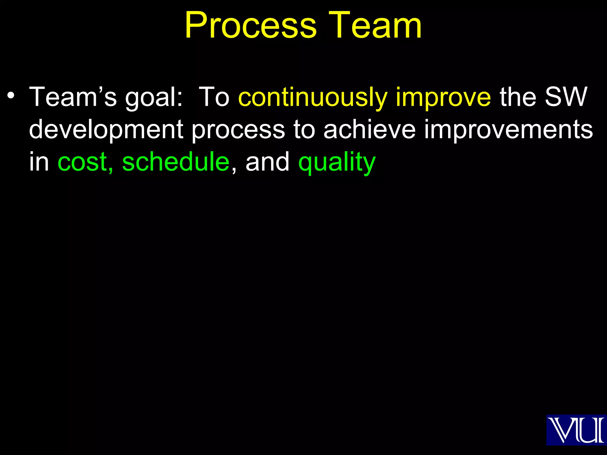 15
Process Team
• Team’s goal: To continuously improve the SW
development process to achieve improvements
in cost, schedule, and quality
 