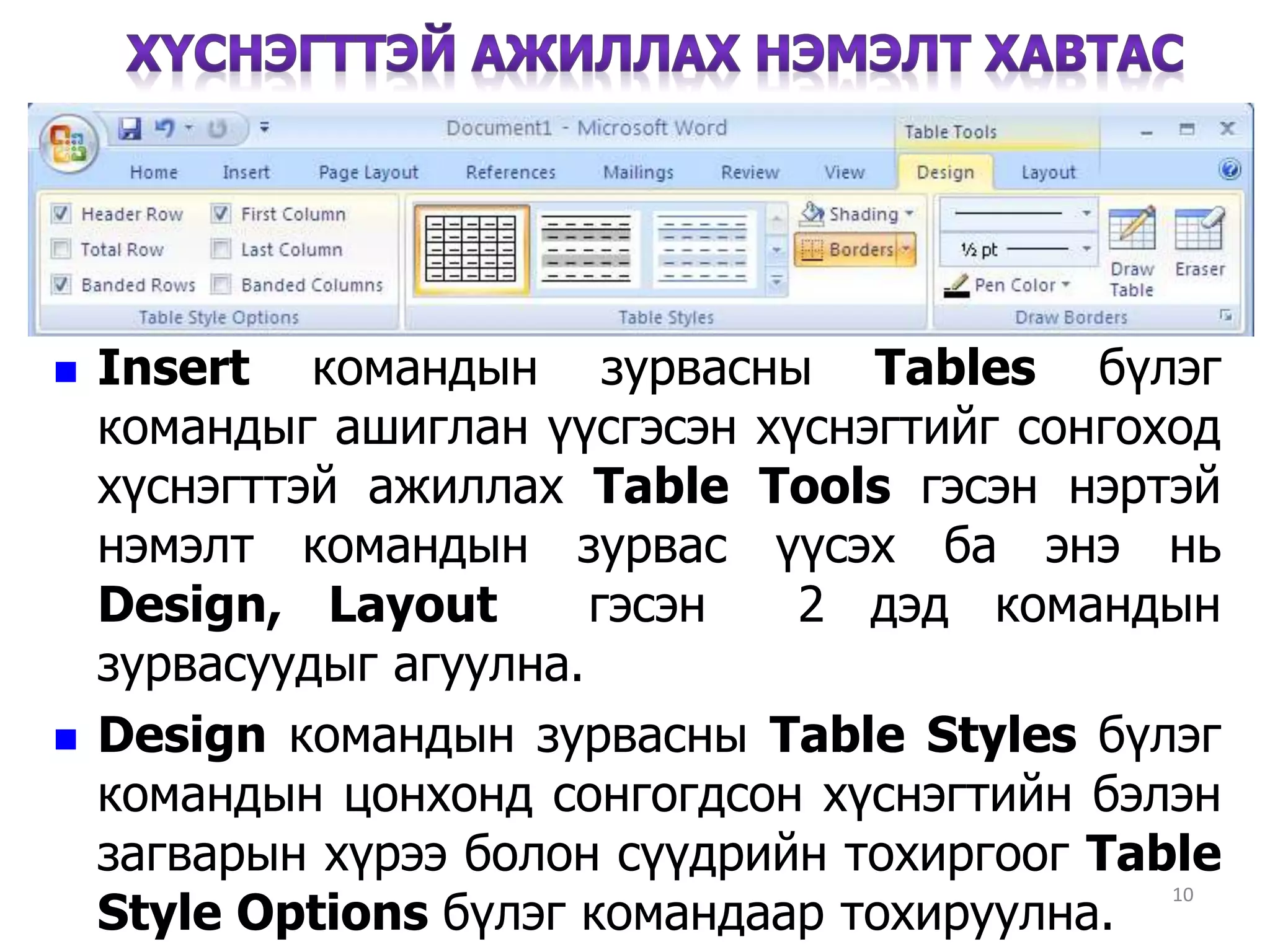  Insert командын зурвасны Tables бүлэг
командыг ашиглан үүсгэсэн хүснэгтийг сонгоход
хүснэгттэй ажиллах Table Tools гэсэн нэртэй
нэмэлт командын зурвас үүсэх ба энэ нь
Design, Layout гэсэн 2 дэд командын
зурвасуудыг агуулна.
 Design командын зурвасны Table Styles бүлэг
командын цонхонд сонгогдсон хүснэгтийн бэлэн
загварын хүрээ болон сүүдрийн тохиргоог Table
Style Options бүлэг командаар тохируулна.
10
 