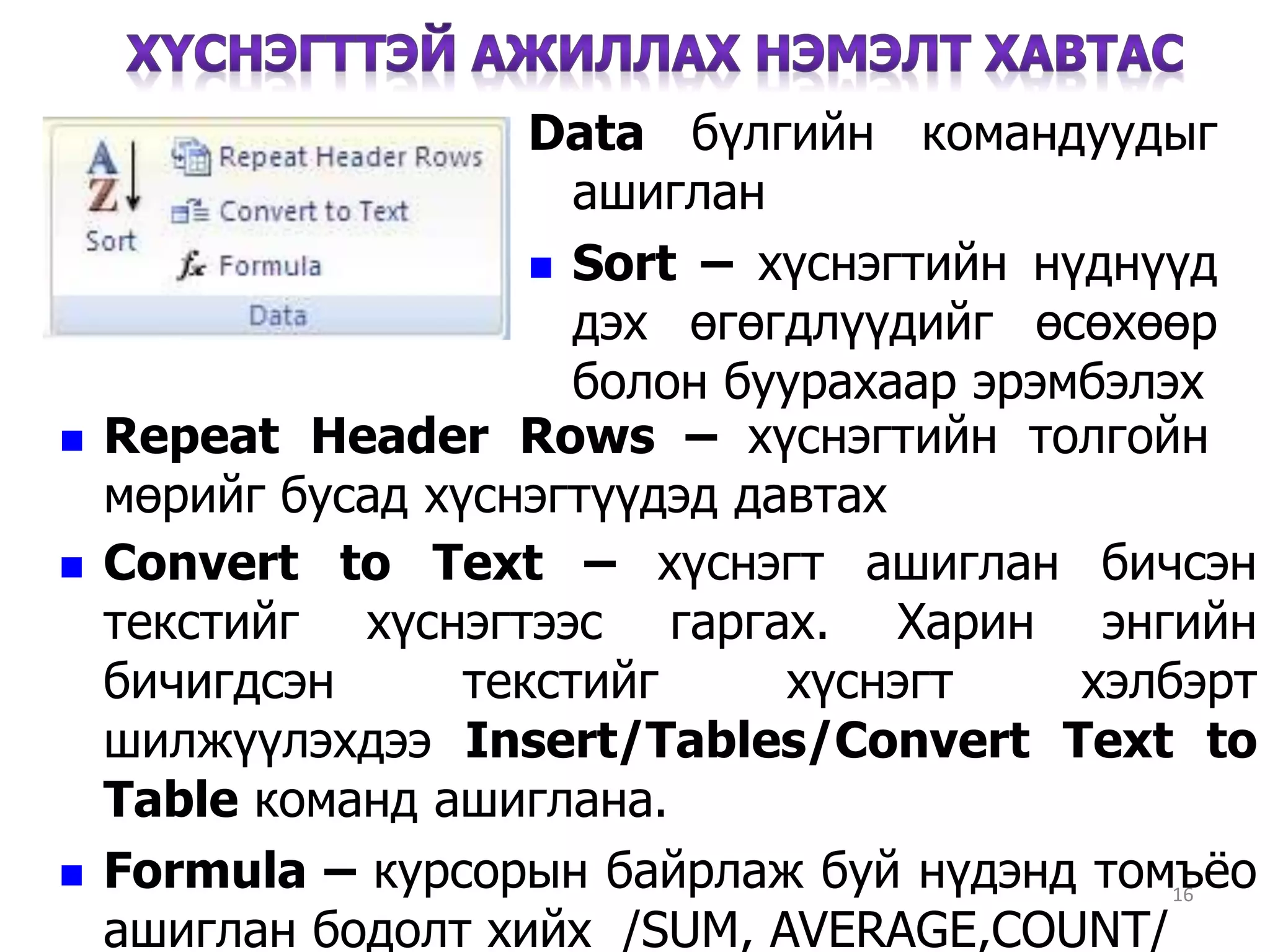 Data бүлгийн командуудыг
ашиглан
 Sort – хүснэгтийн нүднүүд
дэх өгөгдлүүдийг өсөхөөр
болон буурахаар эрэмбэлэх
16
 Repeat Header Rows – хүснэгтийн толгойн
мөрийг бусад хүснэгтүүдэд давтах
 Convert to Text – хүснэгт ашиглан бичсэн
текстийг хүснэгтээс гаргах. Харин энгийн
бичигдсэн текстийг хүснэгт хэлбэрт
шилжүүлэхдээ Insert/Tables/Convert Text to
Table команд ашиглана.
 Formula – курсорын байрлаж буй нүдэнд томъёо
ашиглан бодолт хийх /SUM, AVERAGE,COUNT/
 