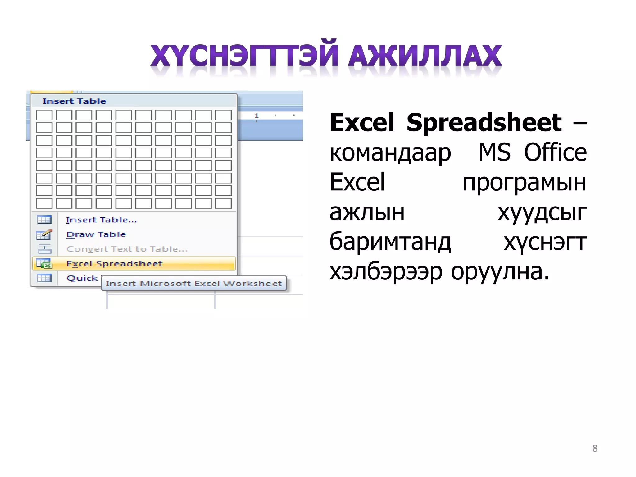 8
Excel Spreadsheet –
командаар MS Office
Excel програмын
ажлын хуудсыг
баримтанд хүснэгт
хэлбэрээр оруулна.
 