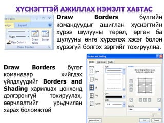 Draw Borders бүлгийн
командуудыг ашиглан хүснэгтийн
хүрээ шулууны төрөл, өргөн ба
шулууны өнгө хүрээлэх хэсэг болон
хүрээгүй болгох зэргийг тохируулна.
12
Draw Borders бүлэг
командаар хийгдэх
үйлдлүүдийг Borders and
Shading харилцах цонхонд
дэлгэрэнгүй тохируулах,
өөрчлөлтийг урьдчилан
харах боломжтой
 