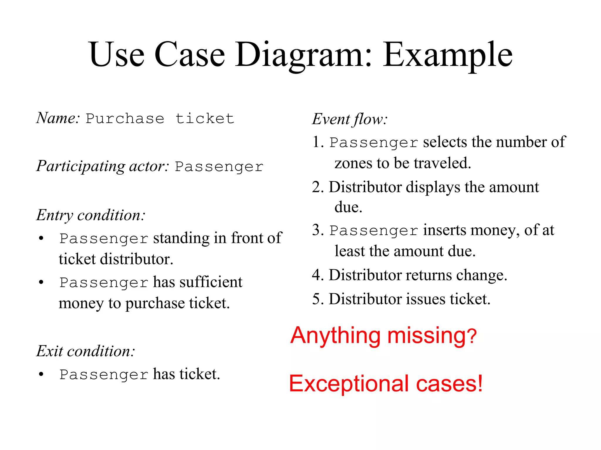 Use Case Diagram: Example
Name: Purchase ticket
Participating actor: Passenger
Entry condition:
• Passenger standing in front of
ticket distributor.
• Passenger has sufficient
money to purchase ticket.
Exit condition:
• Passenger has ticket.
Event flow:
1. Passenger selects the number of
zones to be traveled.
2. Distributor displays the amount
due.
3. Passenger inserts money, of at
least the amount due.
4. Distributor returns change.
5. Distributor issues ticket.
Anything missing?
Exceptional cases!
 