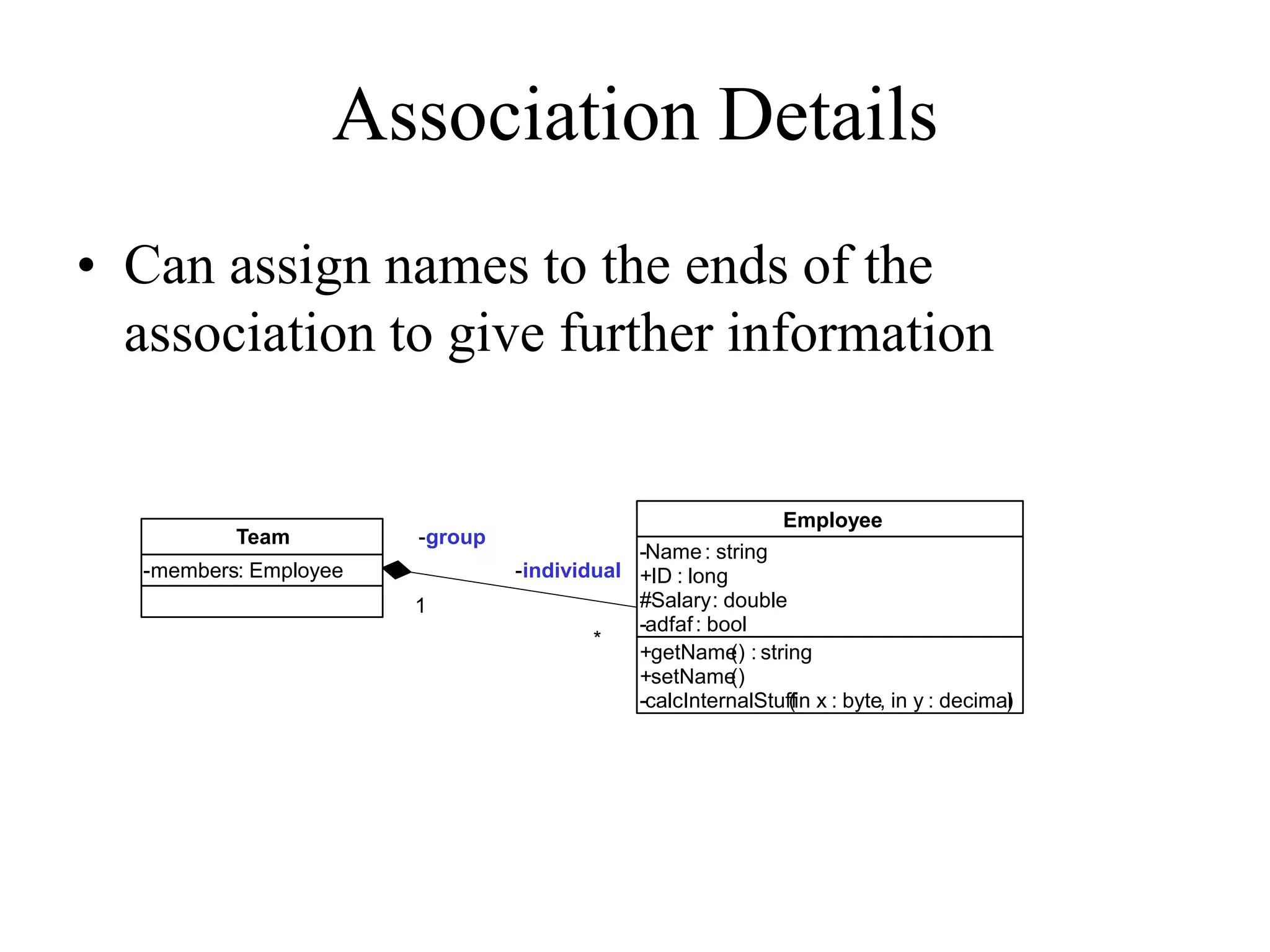 Association Details
• Can assign names to the ends of the
association to give further information
+getName() : string
+setName()
-calcInternalStuff(in x : byte, in y : decimal)
-Name: string
+ID : long
#Salary: double
-adfaf: bool
Employee
-members: Employee
Team -group
1
-individual
*
 