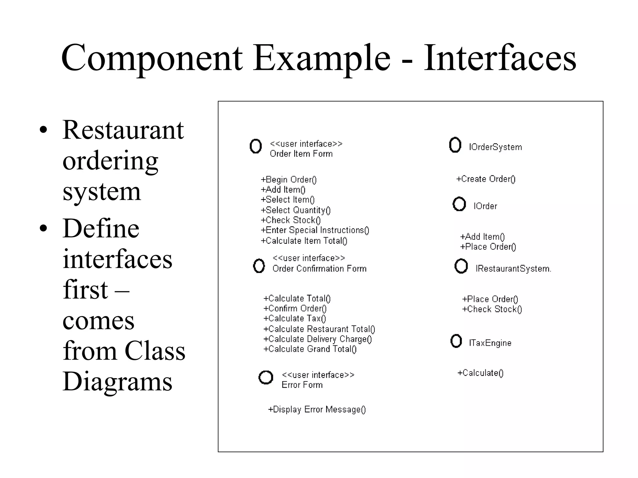 Component Example - Interfaces
• Restaurant
ordering
system
• Define
interfaces
first –
comes
from Class
Diagrams
 