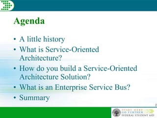 2
Agenda
• A little history
• What is Service-Oriented
Architecture?
• How do you build a Service-Oriented
Architecture Solution?
• What is an Enterprise Service Bus?
• Summary
 