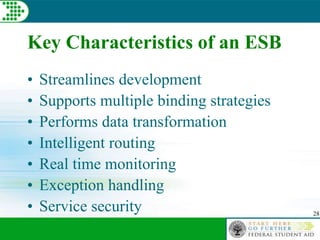 28
Key Characteristics of an ESB
• Streamlines development
• Supports multiple binding strategies
• Performs data transformation
• Intelligent routing
• Real time monitoring
• Exception handling
• Service security
 