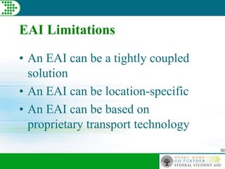 30
EAI Limitations
• An EAI can be a tightly coupled
solution
• An EAI can be location-specific
• An EAI can be based on
proprietary transport technology
 