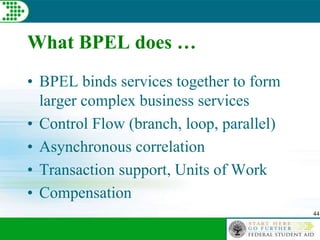 44
What BPEL does …
• BPEL binds services together to form
larger complex business services
• Control Flow (branch, loop, parallel)
• Asynchronous correlation
• Transaction support, Units of Work
• Compensation
 