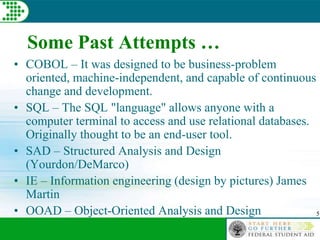 5
Some Past Attempts …
• COBOL – It was designed to be business-problem
oriented, machine-independent, and capable of continuous
change and development.
• SQL – The SQL "language" allows anyone with a
computer terminal to access and use relational databases.
Originally thought to be an end-user tool.
• SAD – Structured Analysis and Design
(Yourdon/DeMarco)
• IE – Information engineering (design by pictures) James
Martin
• OOAD – Object-Oriented Analysis and Design
 