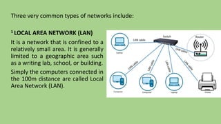 Three very common types of networks include:
1 LOCAL AREA NETWORK (LAN)
It is a network that is confined to a
relatively s...