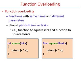 • Function overloading
– Functions with same name and different
parameters
– Should perform similar tasks:
• i.e., function to square ints and function to
square floats
Function Overloading
c
int square(int x)
{
return (x * x);
}
float square(float x)
{
return (x * x);
}
 