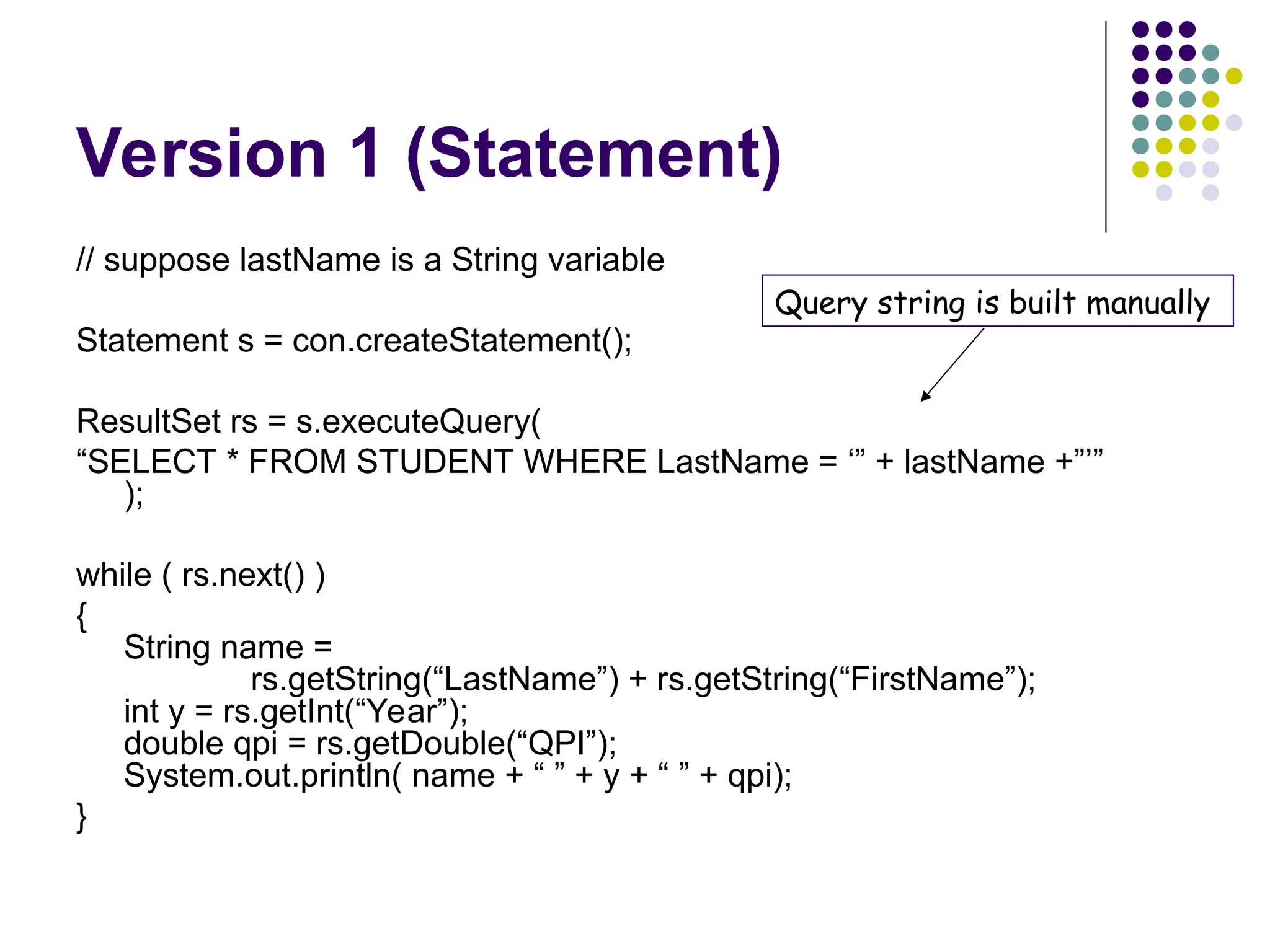 Version 1 (Statement)
// suppose lastName is a String variable
Statement s = con.createStatement();
ResultSet rs = s.executeQuery(
“SELECT * FROM STUDENT WHERE LastName = ‘” + lastName +”’”
);
while ( rs.next() )
{
String name =
rs.getString(“LastName”) + rs.getString(“FirstName”);
int y = rs.getInt(“Year”);
double qpi = rs.getDouble(“QPI”);
System.out.println( name + “ ” + y + “ ” + qpi);
}
Query string is built manually
 