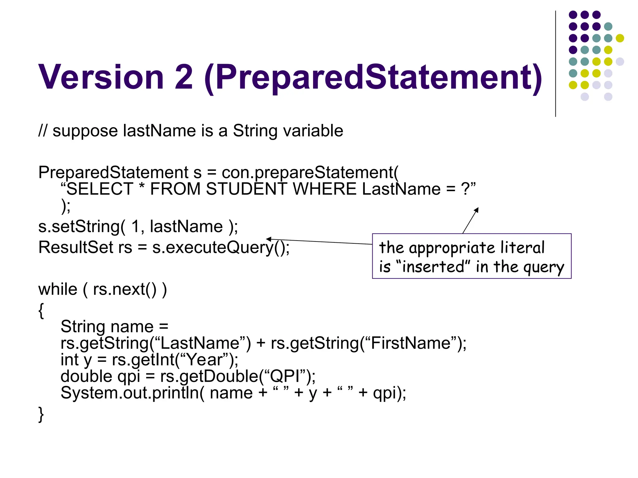 Version 2 (PreparedStatement)
// suppose lastName is a String variable
PreparedStatement s = con.prepareStatement(
“SELECT * FROM STUDENT WHERE LastName = ?”
);
s.setString( 1, lastName );
ResultSet rs = s.executeQuery();
while ( rs.next() )
{
String name =
rs.getString(“LastName”) + rs.getString(“FirstName”);
int y = rs.getInt(“Year”);
double qpi = rs.getDouble(“QPI”);
System.out.println( name + “ ” + y + “ ” + qpi);
}
the appropriate literal
is “inserted” in the query
 