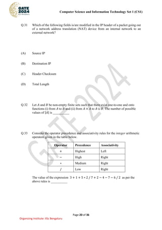 Computer Science and Information Technology Set 1 (CS1)
Page 20 of 36
Organizing Institute: IISc Bengaluru
Q.31 Which of the following fields is/are modified in the IP header of a packet going out
of a network address translation (NAT) device from an internal network to an
external network?
(A) Source IP
(B) Destination IP
(C) Header Checksum
(D) Total Length
Q.32 Let 𝐴 and 𝐵 be non-empty finite sets such that there exist one-to-one and onto
functions (i) from 𝐴 to 𝐵 and (ii) from 𝐴 × 𝐴 to 𝐴 ∪ 𝐵. The number of possible
values of |𝐴| is __________
Q.33 Consider the operator precedence and associativity rules for the integer arithmetic
operators given in the table below.
Operator Precedence Associativity
+ Highest Left
− High Right
∗ Medium Right
/ Low Right
The value of the expression 3 + 1 + 5 ∗ 2 / 7 + 2 − 4 − 7 − 6 / 2 as per the
above rules is __________
 