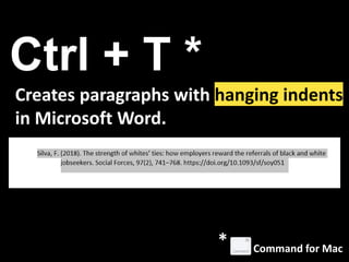Ctrl + T *
Creates paragraphs with hanging indents
in Microsoft Word.
Command for Mac
*
 