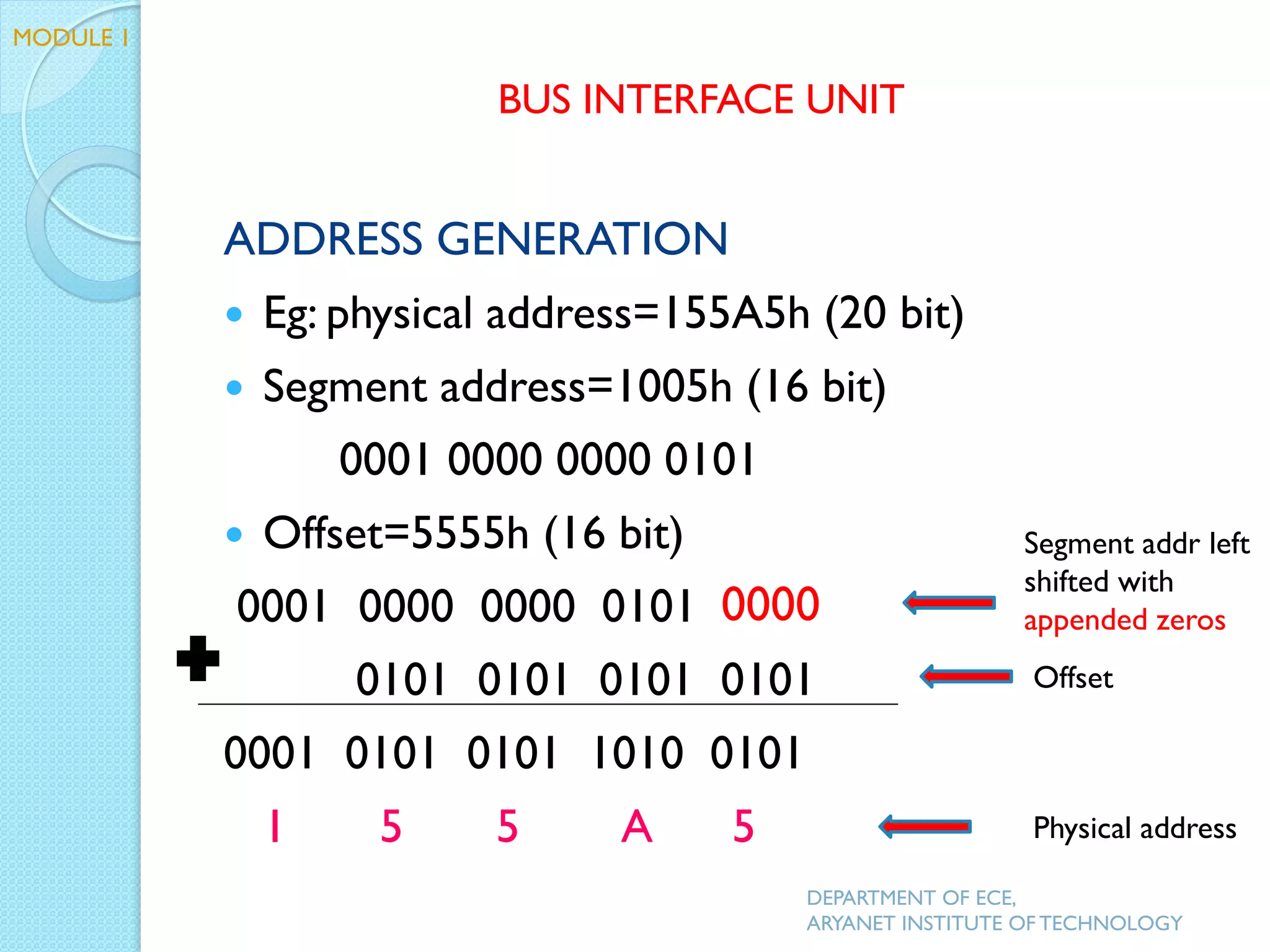 ADDRESS GENERATION
 Eg: physical address=155A5h (20 bit)
 Segment address=1005h (16 bit)
0001 0000 0000 0101
 Offset=5555h (16 bit)
0001 0000 0000 0101
0101 0101 0101 0101
0001 0101 0101 1010 0101
1 5 5 A 5
DEPARTMENT OF ECE,
ARYANET INSTITUTE OF TECHNOLOGY
BUS INTERFACE UNIT
Offset
Segment addr left
shifted with
appended zeros
Physical address
0000
MODULE 1
 