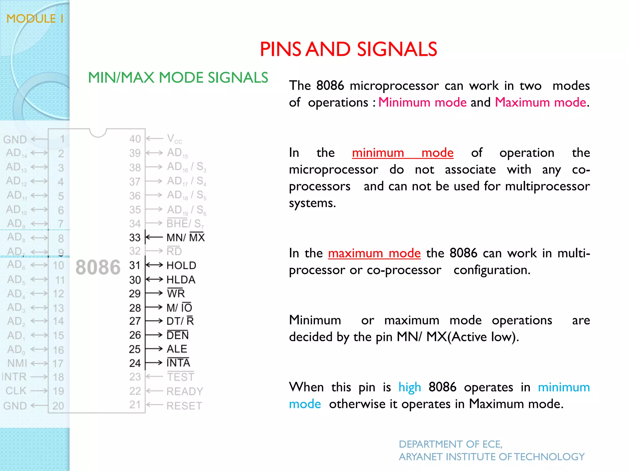 The 8086 microprocessor can work in two modes
of operations : Minimum mode and Maximum mode.
In the minimum mode of operation the
microprocessor do not associate with any co-
processors and can not be used for multiprocessor
systems.
In the maximum mode the 8086 can work in multi-
processor or co-processor configuration.
Minimum or maximum mode operations are
decided by the pin MN/ MX(Active low).
When this pin is high 8086 operates in minimum
mode otherwise it operates in Maximum mode.
PINS AND SIGNALS
MODULE 1
MIN/MAX MODE SIGNALS
DEPARTMENT OF ECE,
ARYANET INSTITUTE OF TECHNOLOGY
 