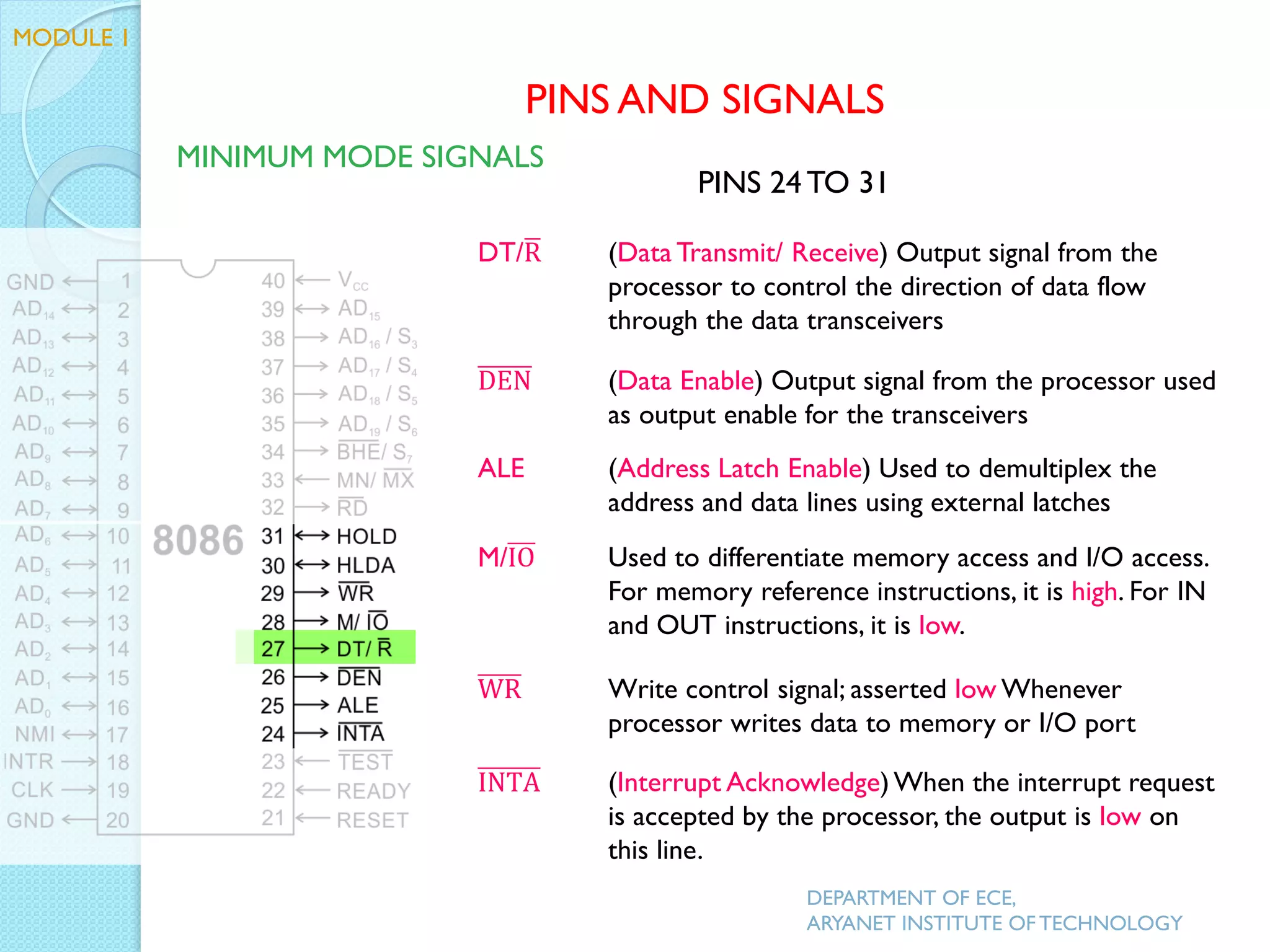 DT/R (Data Transmit/ Receive) Output signal from the
processor to control the direction of data flow
through the data transceivers
DEN (Data Enable) Output signal from the processor used
as output enable for the transceivers
ALE (Address Latch Enable) Used to demultiplex the
address and data lines using external latches
M/IO Used to differentiate memory access and I/O access.
For memory reference instructions, it is high. For IN
and OUT instructions, it is low.
WR Write control signal; asserted low Whenever
processor writes data to memory or I/O port
INTA (Interrupt Acknowledge)When the interrupt request
is accepted by the processor, the output is low on
this line.
MODULE 1
PINS AND SIGNALS
MINIMUM MODE SIGNALS
DEPARTMENT OF ECE,
ARYANET INSTITUTE OF TECHNOLOGY
PINS 24 TO 31
 