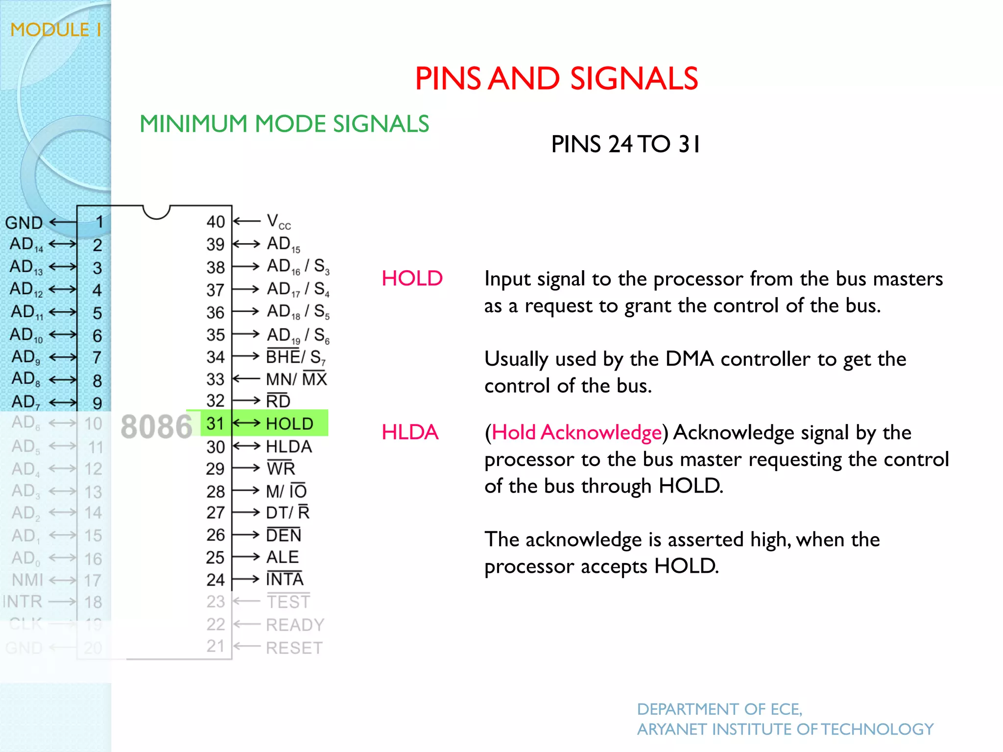 HOLD Input signal to the processor from the bus masters
as a request to grant the control of the bus.
Usually used by the DMA controller to get the
control of the bus.
HLDA (Hold Acknowledge) Acknowledge signal by the
processor to the bus master requesting the control
of the bus through HOLD.
The acknowledge is asserted high, when the
processor accepts HOLD.
MODULE 1
PINS AND SIGNALS
MINIMUM MODE SIGNALS
PINS 24 TO 31
DEPARTMENT OF ECE,
ARYANET INSTITUTE OF TECHNOLOGY
 