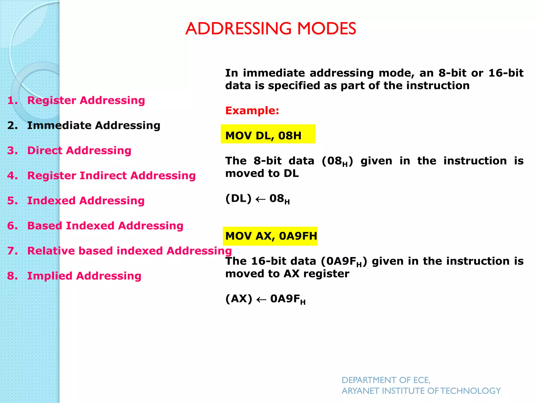 In immediate addressing mode, an 8-bit or 16-bit
data is specified as part of the instruction
Example:
MOV DL, 08H
The 8-bit data (08H) given in the instruction is
moved to DL
(DL)  08H
MOV AX, 0A9FH
The 16-bit data (0A9FH) given in the instruction is
moved to AX register
(AX)  0A9FH
ADDRESSING MODES
DEPARTMENT OF ECE,
ARYANET INSTITUTE OF TECHNOLOGY
1. Register Addressing
2. Immediate Addressing
3. Direct Addressing
4. Register Indirect Addressing
5. Indexed Addressing
6. Based Indexed Addressing
7. Relative based indexed Addressing
8. Implied Addressing
 
