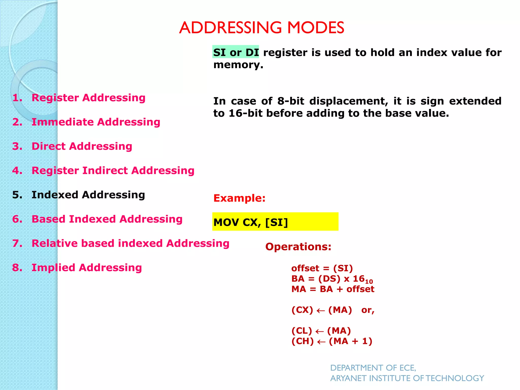SI or DI register is used to hold an index value for
memory.
In case of 8-bit displacement, it is sign extended
to 16-bit before adding to the base value.
Example:
MOV CX, [SI]
Operations:
offset = (SI)
BA = (DS) x 1610
MA = BA + offset
(CX)  (MA) or,
(CL)  (MA)
(CH)  (MA + 1)
ADDRESSING MODES
DEPARTMENT OF ECE,
ARYANET INSTITUTE OF TECHNOLOGY
1. Register Addressing
2. Immediate Addressing
3. Direct Addressing
4. Register Indirect Addressing
5. Indexed Addressing
6. Based Indexed Addressing
7. Relative based indexed Addressing
8. Implied Addressing
 